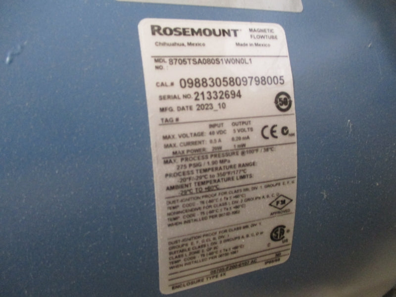 ROSEMOUNT FLOW TUBE 8705TSA080S1W0N0L1  40VDC 0.5A 275PSI NSMP