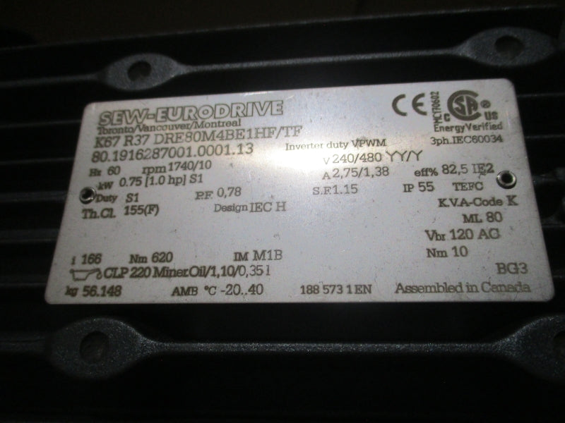 SEW-EURODRIVE K67R37DRE80M4BE1HF/TF 240/480V 2.75/1.35A NSMP