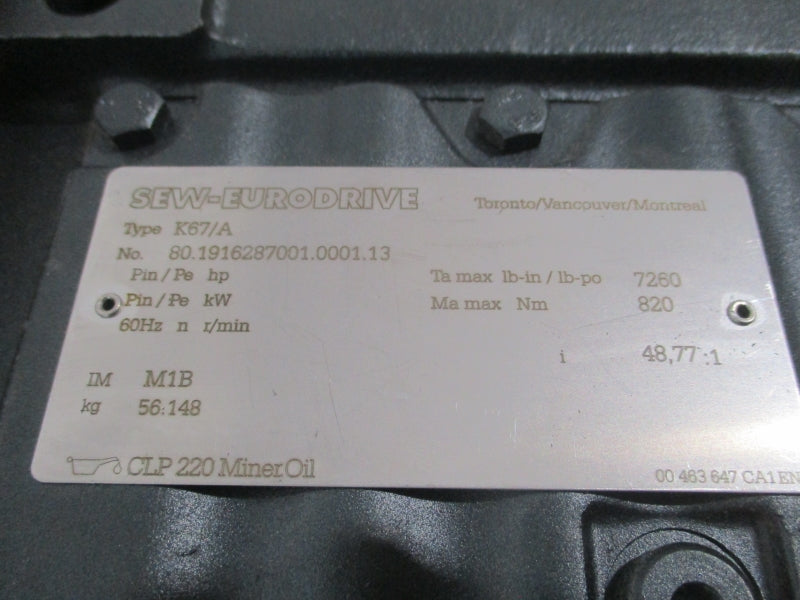 SEW-EURODRIVE K67R37DRE80M4BE1HF/TF 240/480V 2.75/1.35A NSMP