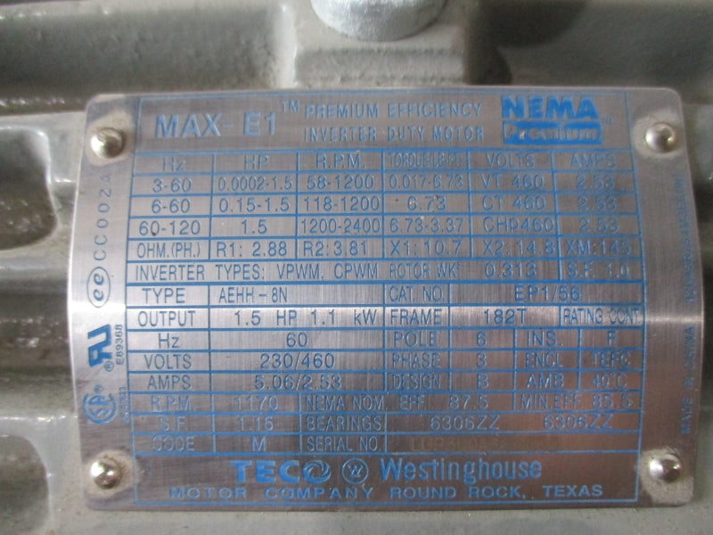 WESTINGHOUSE TECO MAX-E1 PREMIUM EFFICIENCY INVERTER DUTY MOTOR 1.5HP  230/460V 5.06/2.53A NSNP