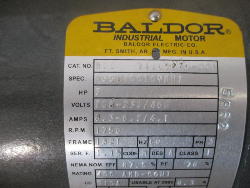 BALDOR 3HP  M00941652Z6-001 208-230/460V 8.3-8.2/4.1A NSMP