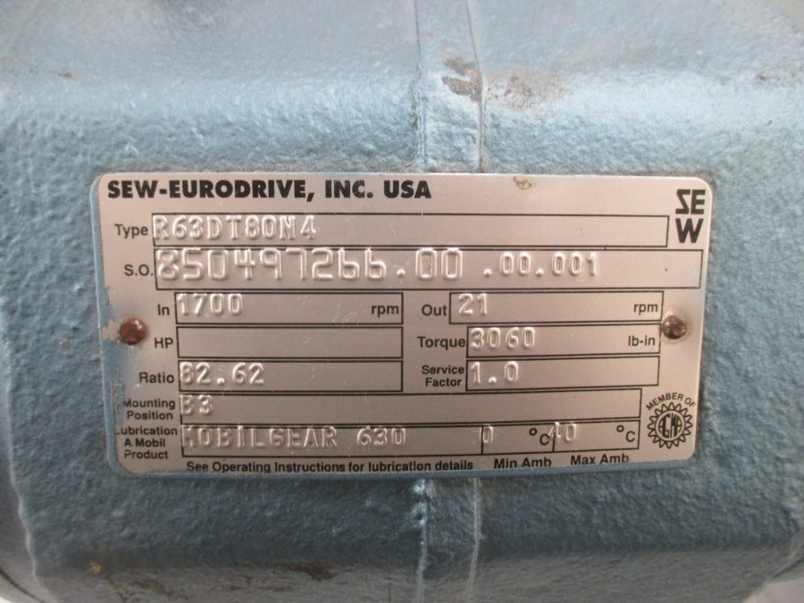 SEW EURODRIVE R63DT80N4 230/460V, 3.7/1.85A (AS PICTURED) NSNP