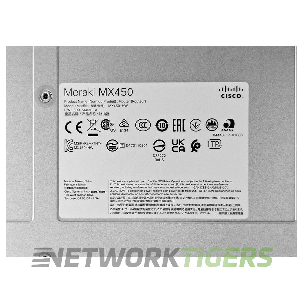 Cisco Meraki MX450-HW 8x 1GB RJ45 8x 1GB SFP 8x 10GB SFP+ Unclaimed Firewall