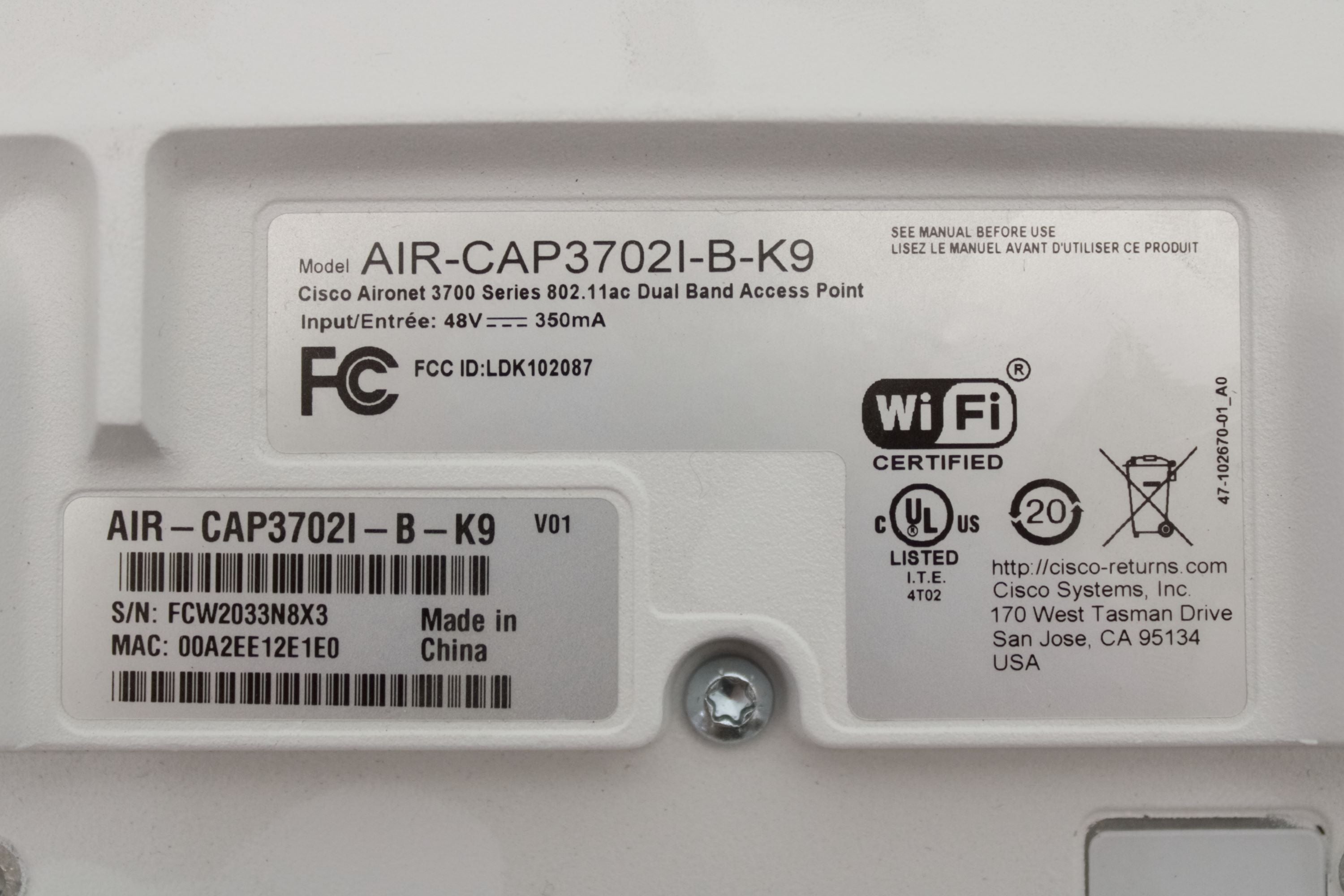 Cisco AIR-CAP3702I-B-K9_x50 802.11AC CTRL AP 4X4:3SS CLEANAIR