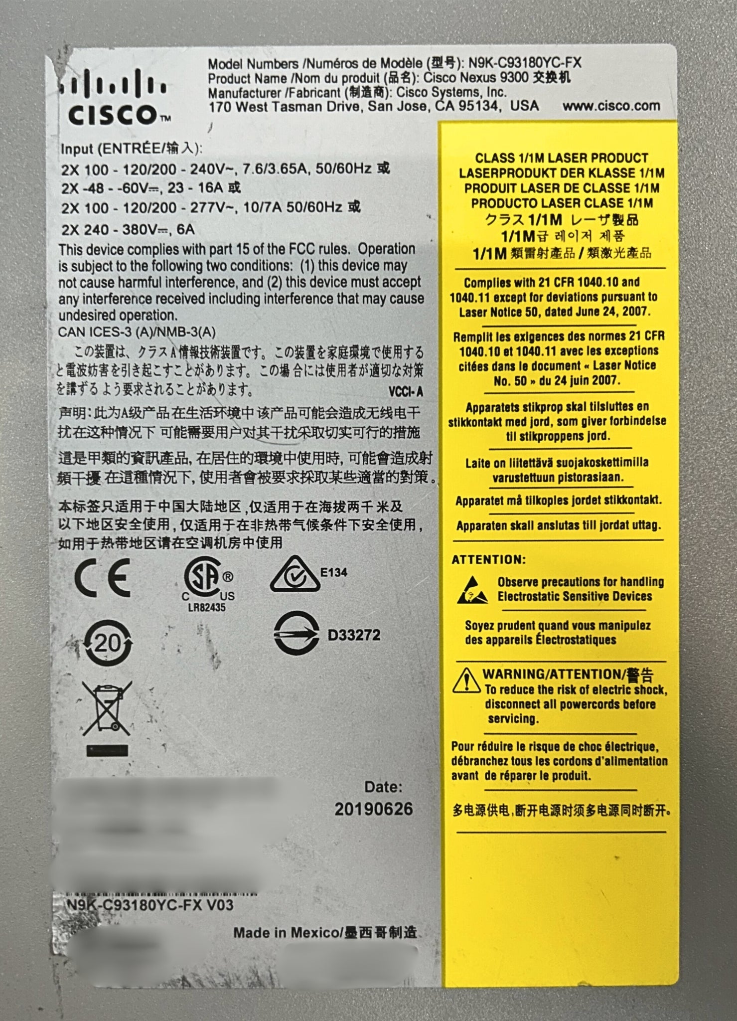 Cisco N9K-C93180YC-FX Nexus 9300 48 Ports 1/10/25G, 6p 40/100G, MACsec