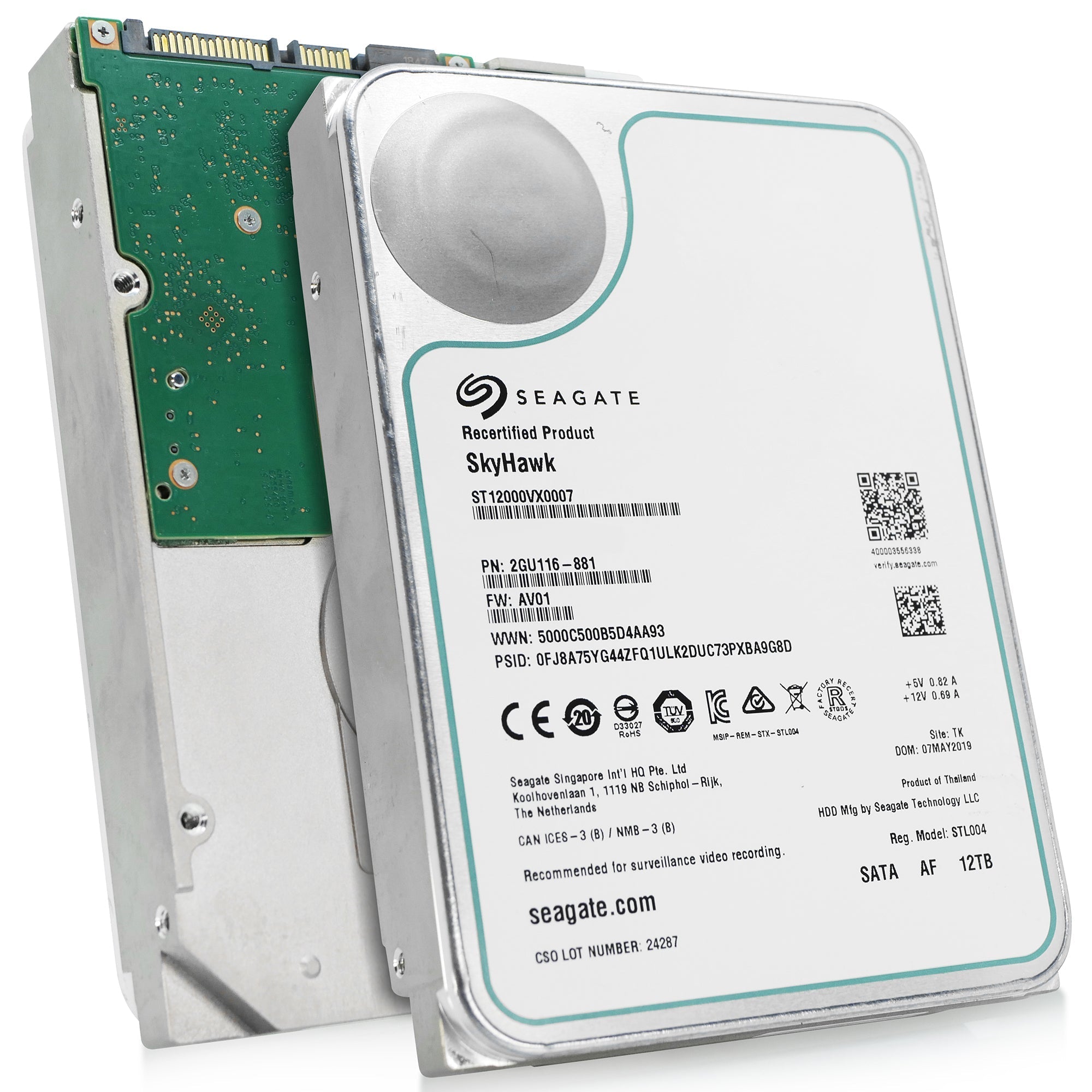 Seagate SkyHawk Surveillance ST12000VX0007 12TB 7.2K RPM SATA 6Gb/s 512e 3.5in Recertified Hard Drive