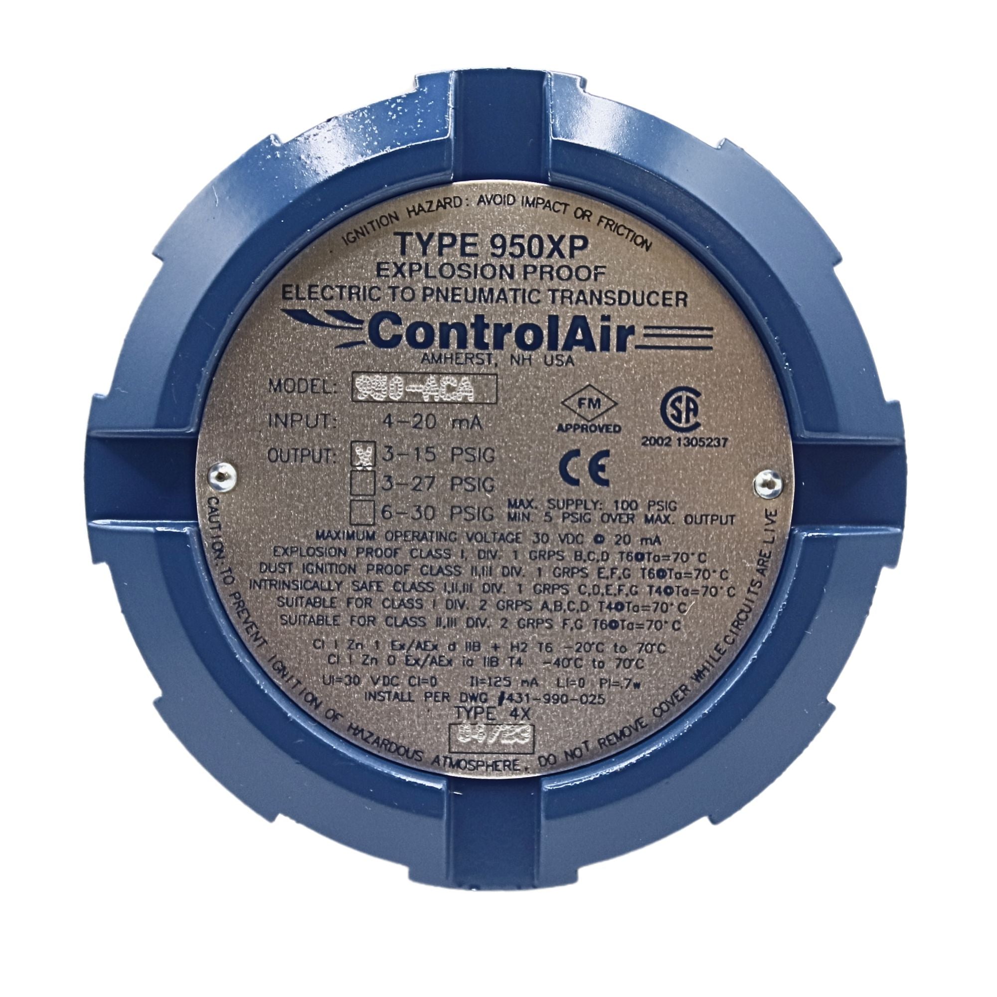 ControlAir | Explosion-Proof I/P Transducer 4-20mA 3-15PSI Transducer | 950-ACA