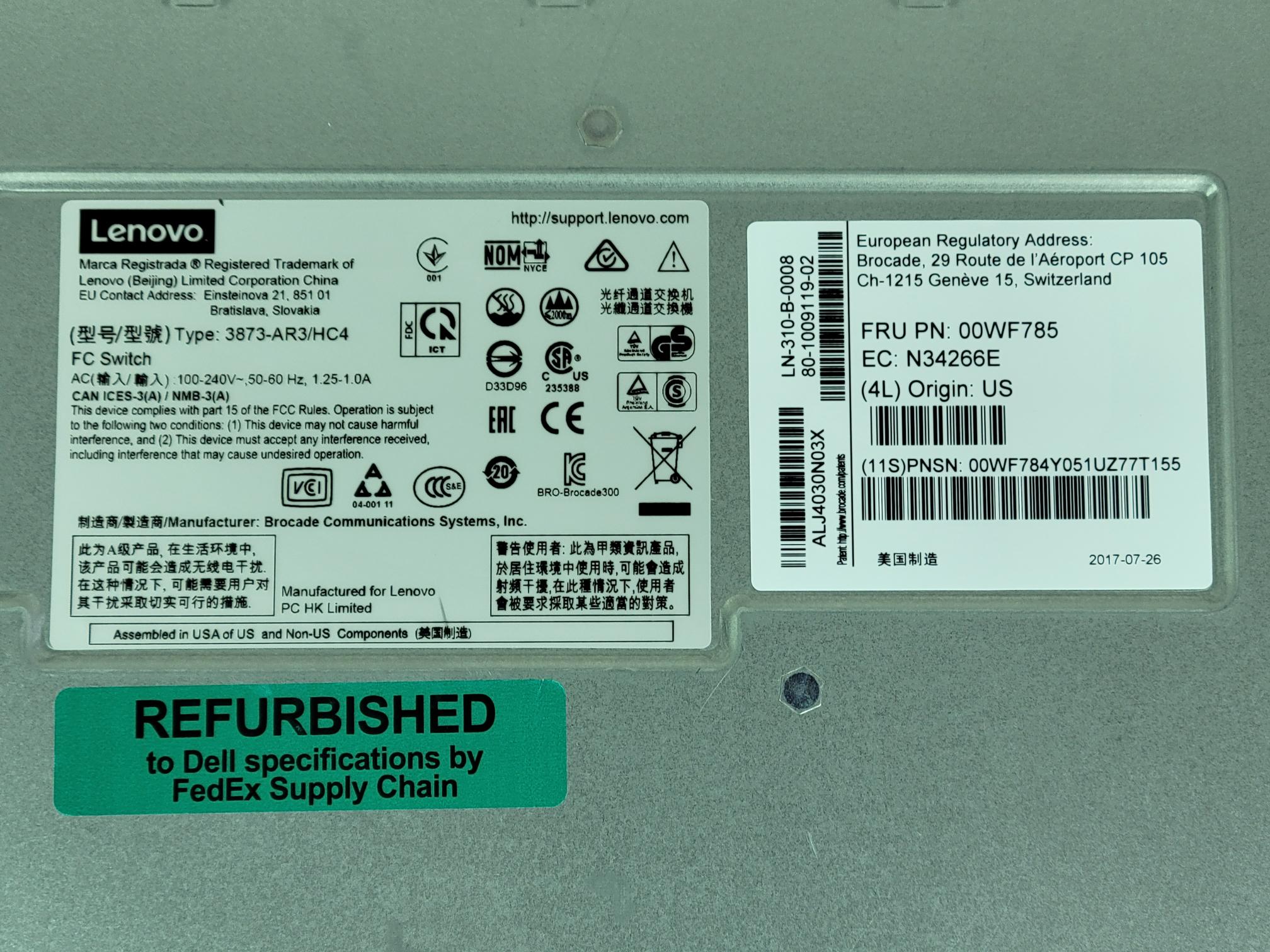 Lenovo 00WF785 B300 16/24 Port Active 8Gb/s Fiber Channel SAN Switch 16x SFP FC