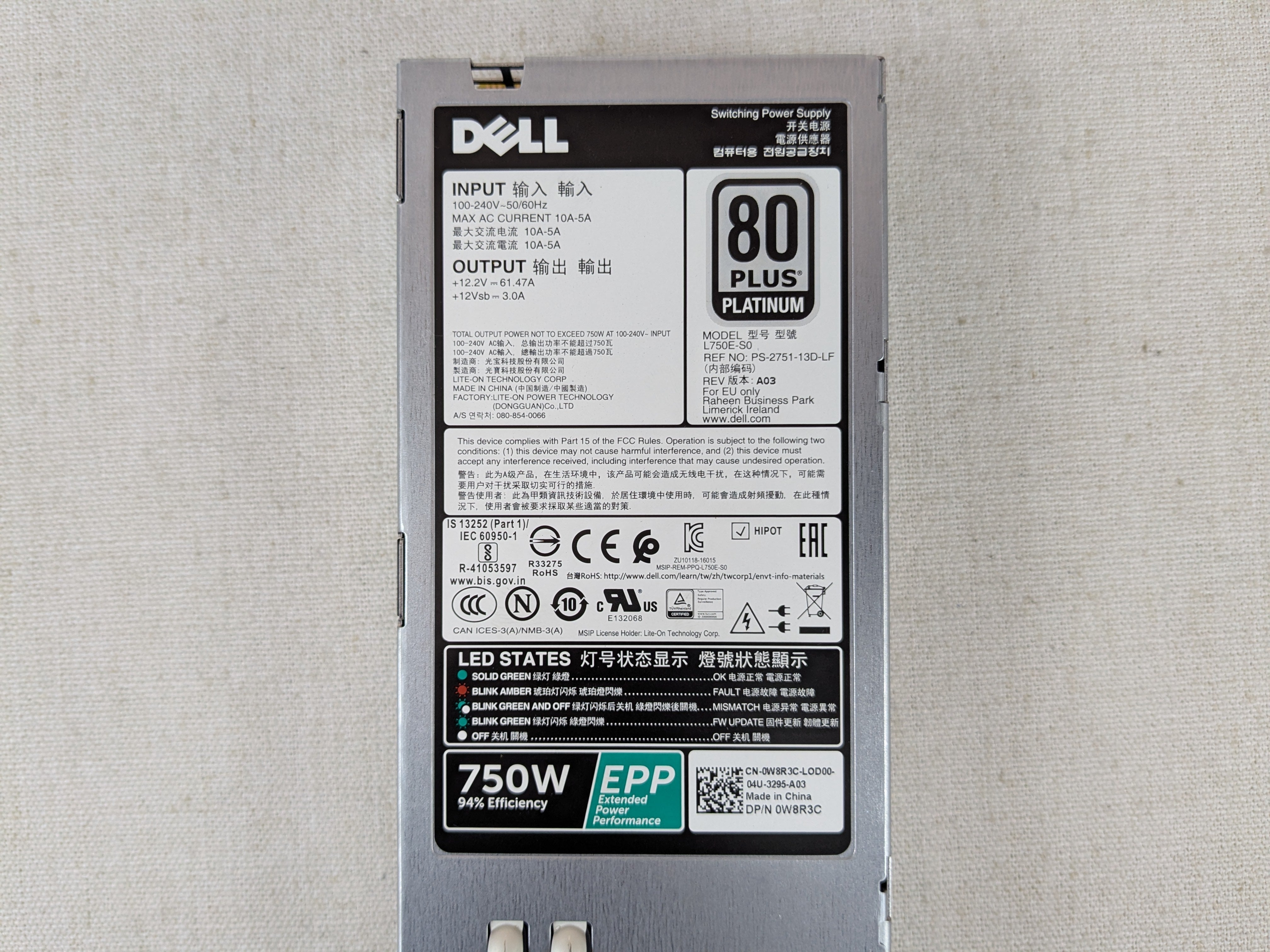 Dell W8R3C 750W 80 Plus Platinum Power Supply Module PowerEdge R630 R640 R740