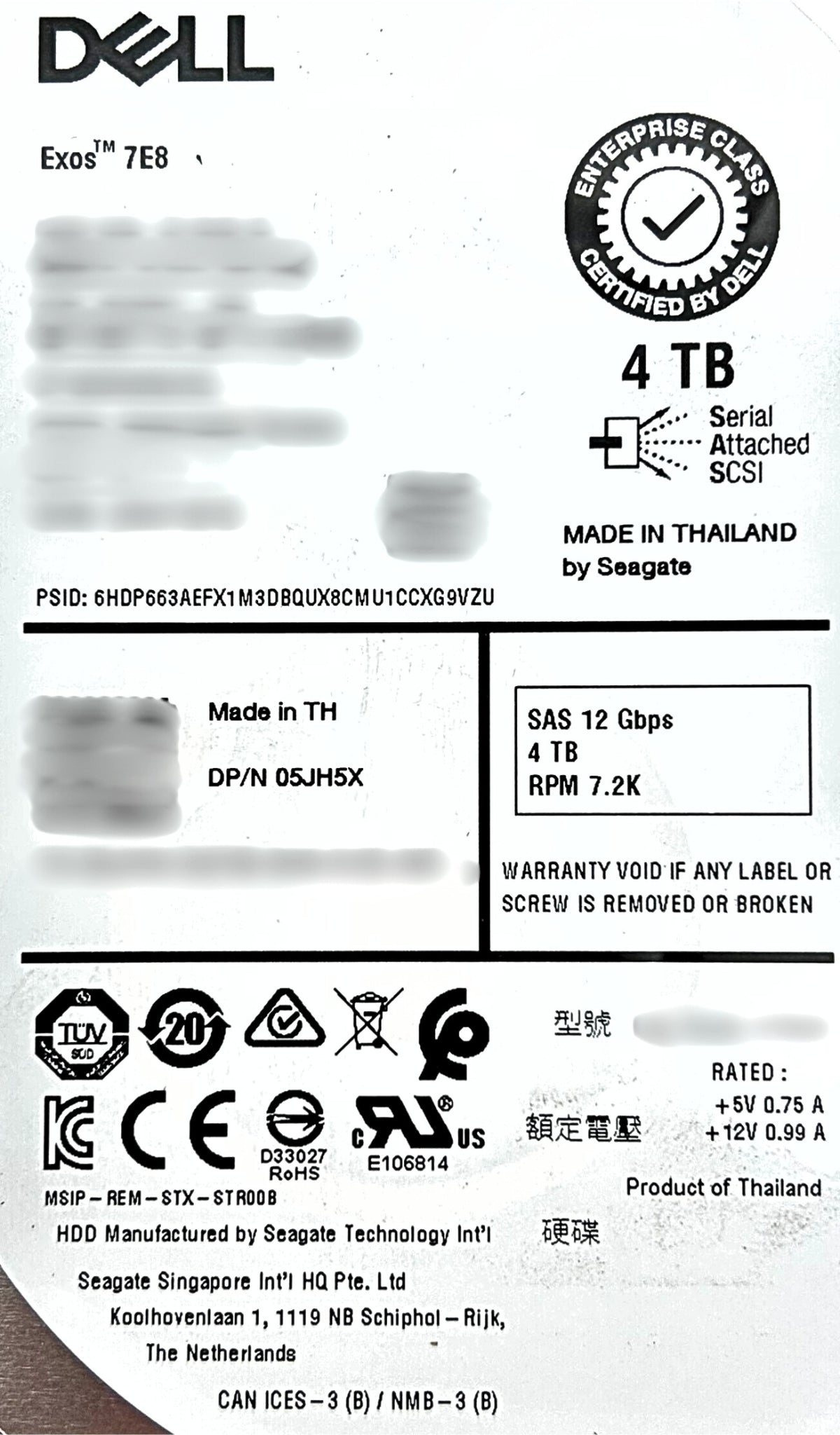 Dell 5JH5X 4TB 7.2K SAS 3.5 12G ST4000NM0295 / 2FS207-150