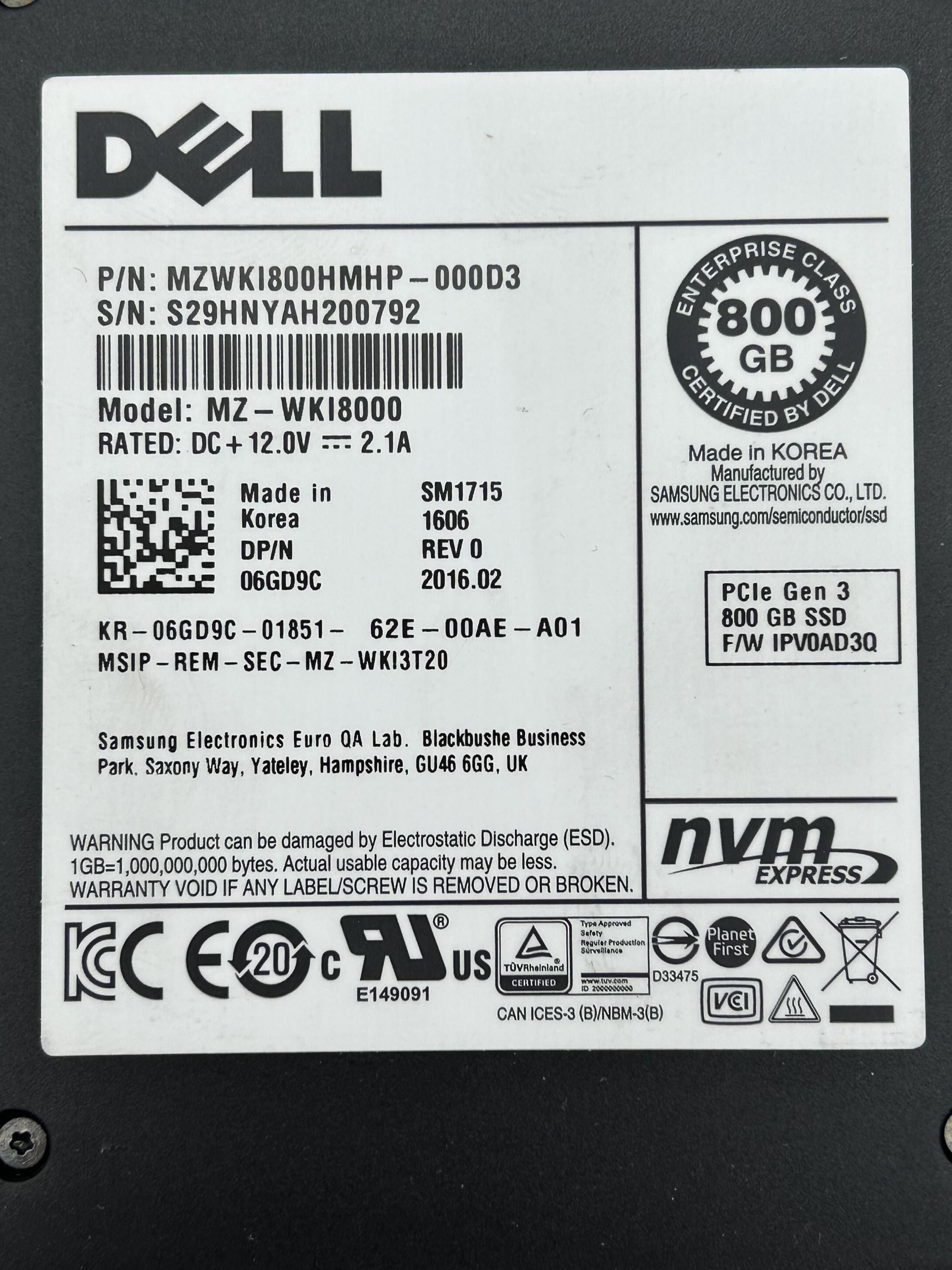 Dell 6GD9C 800GB SSD SAS 2.5 NVME