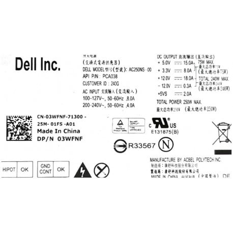 Dell AC250NS-00 PCA038 3WFNF 03WFNF