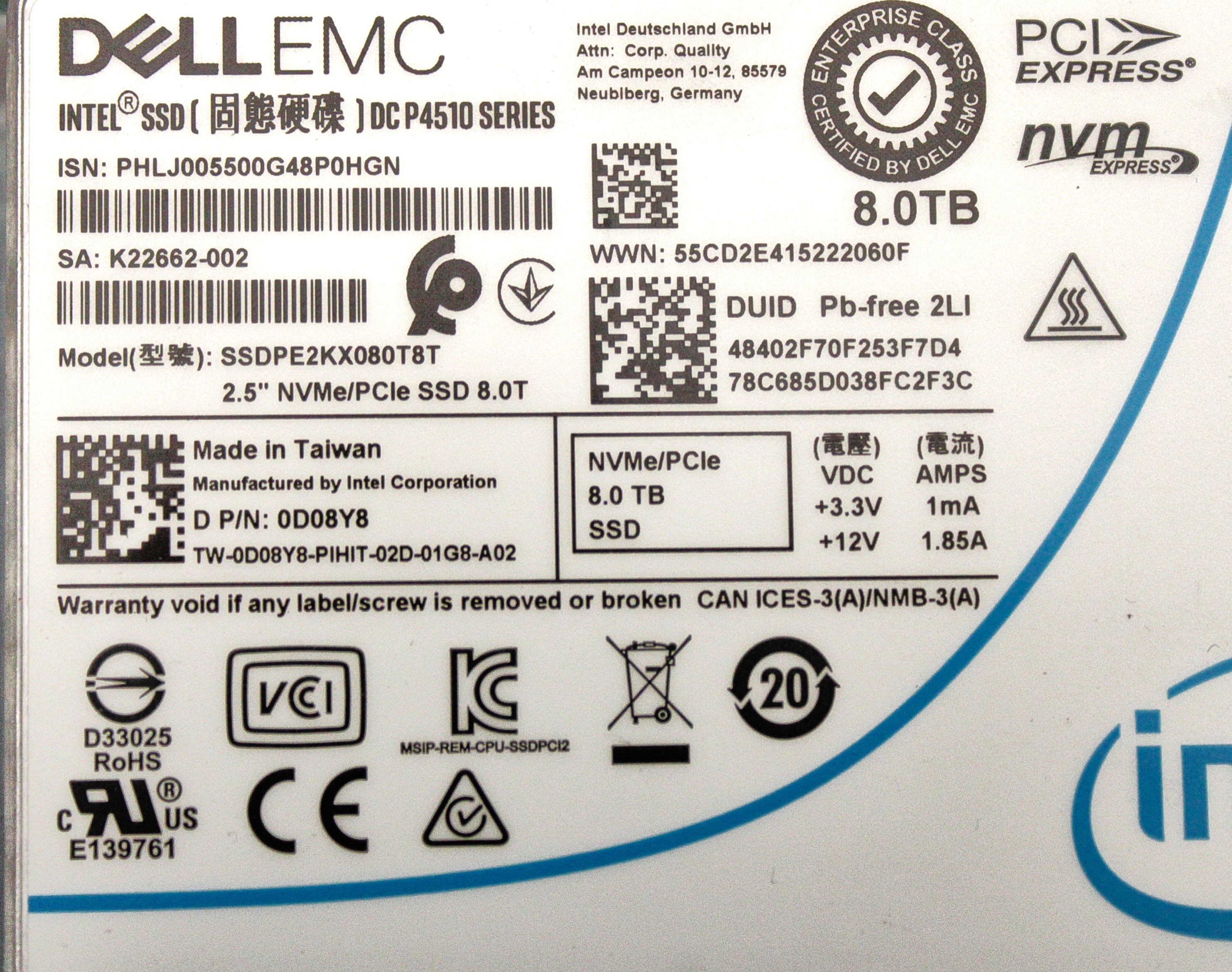 Dell D08Y8 8TB SSD SAS 2.5 PCIE TLC