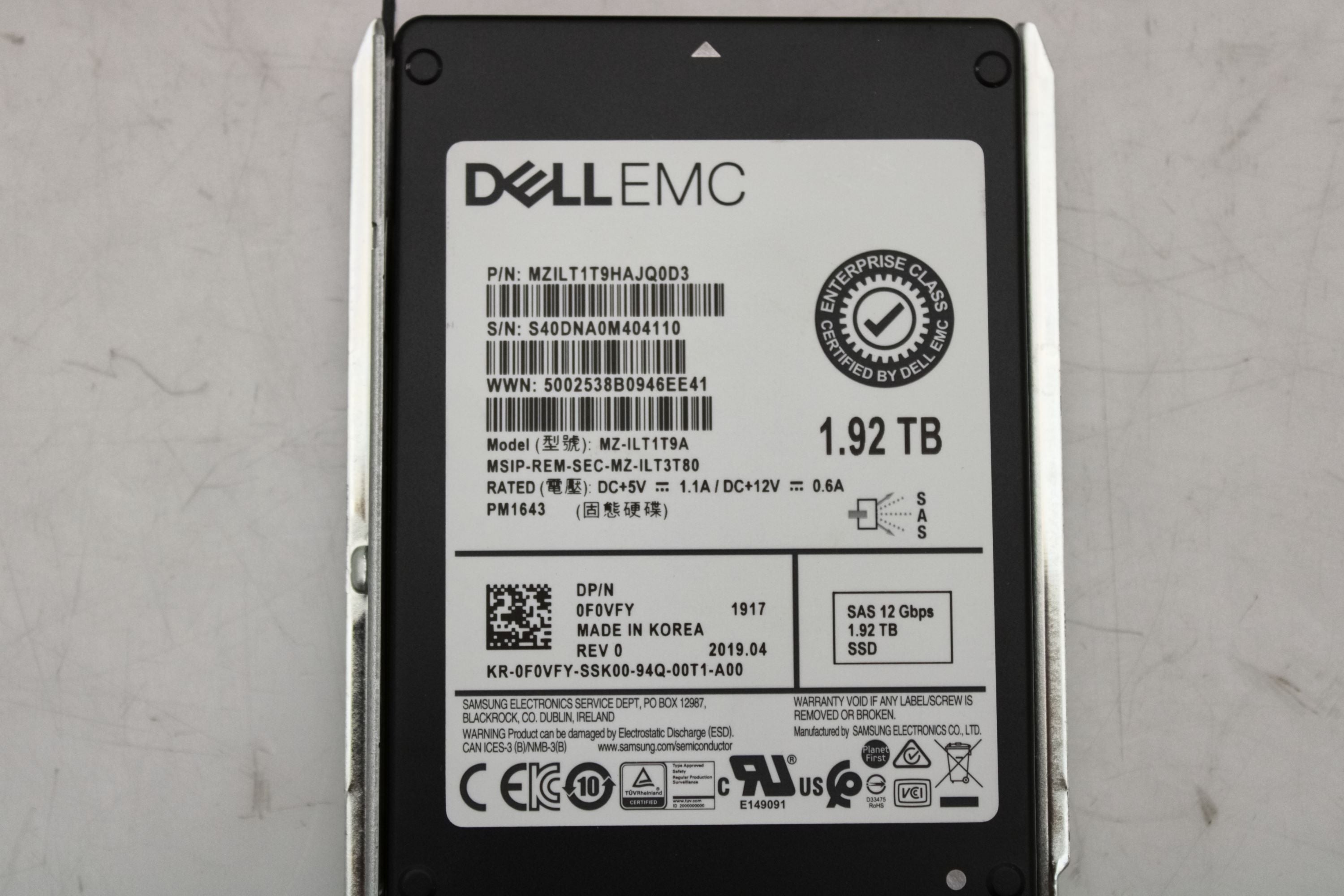 Dell F0VFY 1.92TB SSD SAS 2.5 12G RI PM1643 MZILT1T9HAJQ0D3/MZ-ILT1T9A