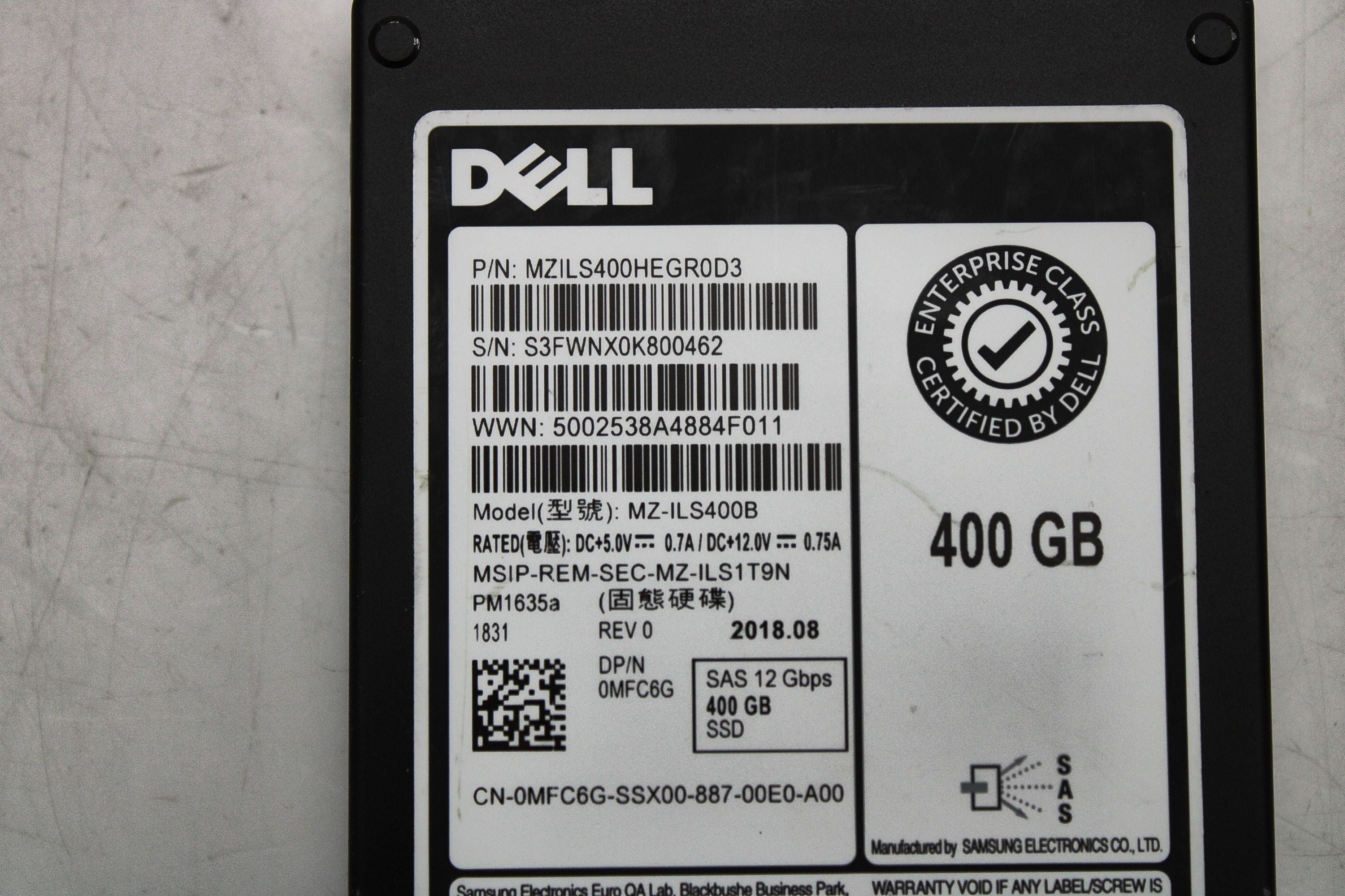 Dell MFC6G 400GB SSD SAS 2.5 12G MU PM1635A MZILS400HEGR0D3 / MZ-ILS40