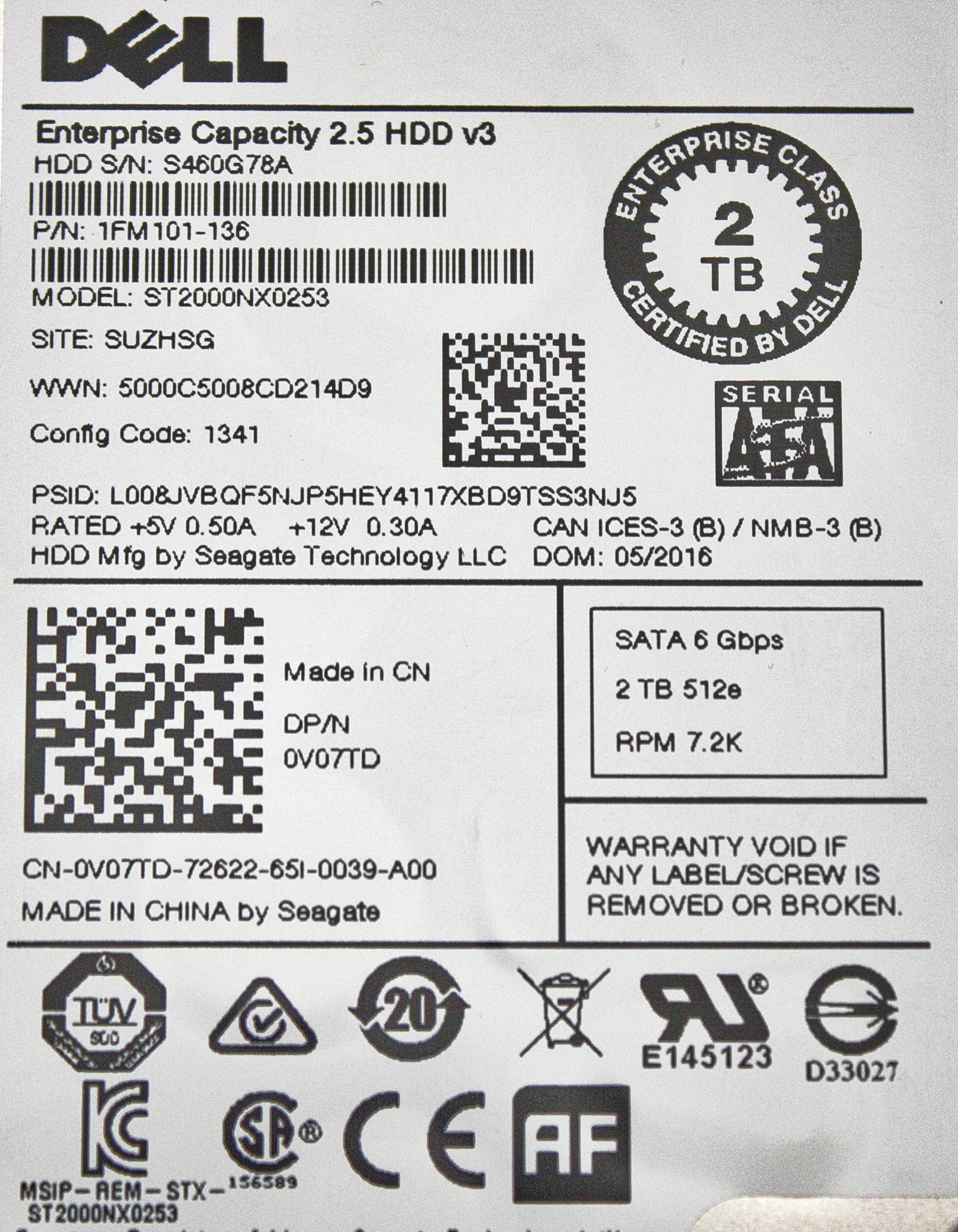 Dell V07TD 2TB 7.2K SATA 2.5 6G ST2000NX0253 / 1FM101-136