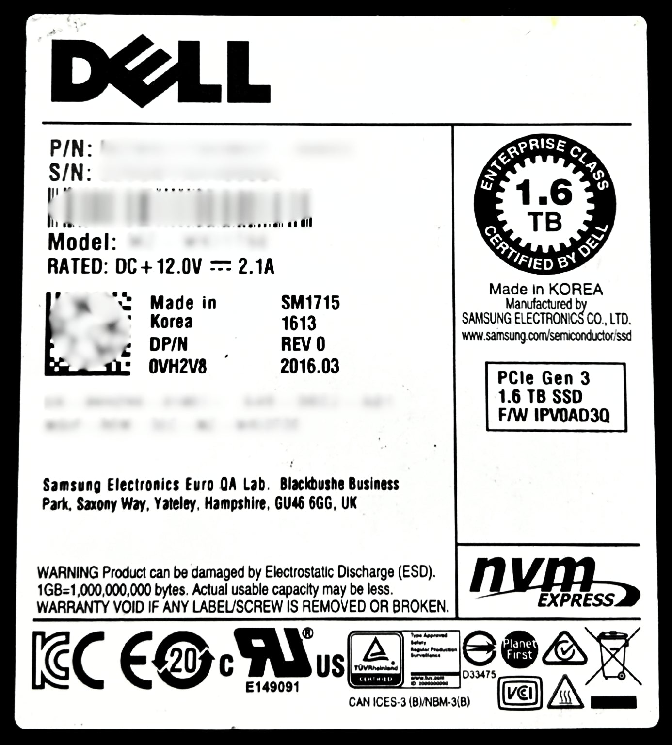 Dell VH2V8 1.6TB SSD PCIe NMVe U.2