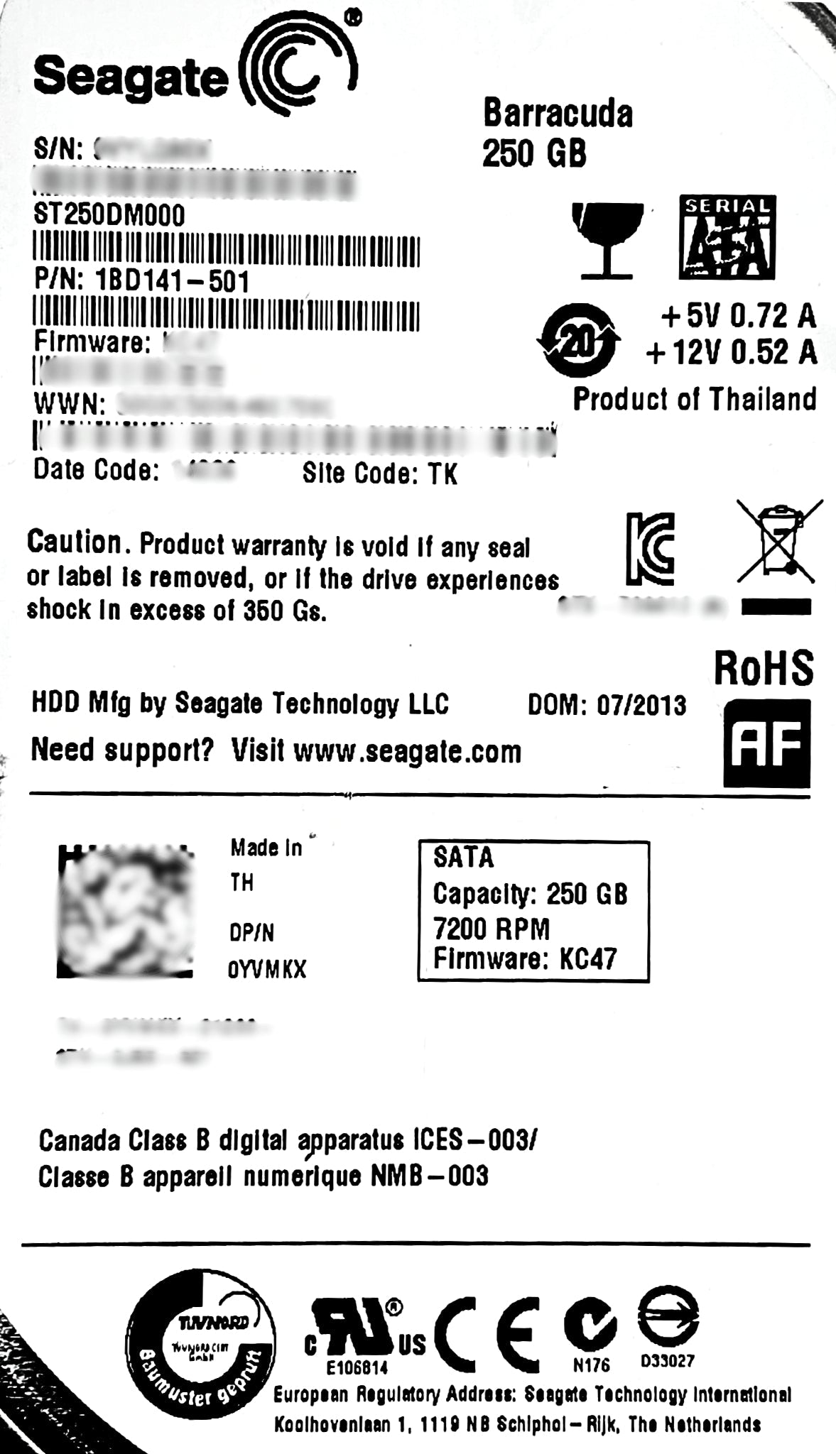 Dell YVMKX 250GB 7.2K SATA 3.5 6G 512E NCQ  ST250DM000 1BD141-501