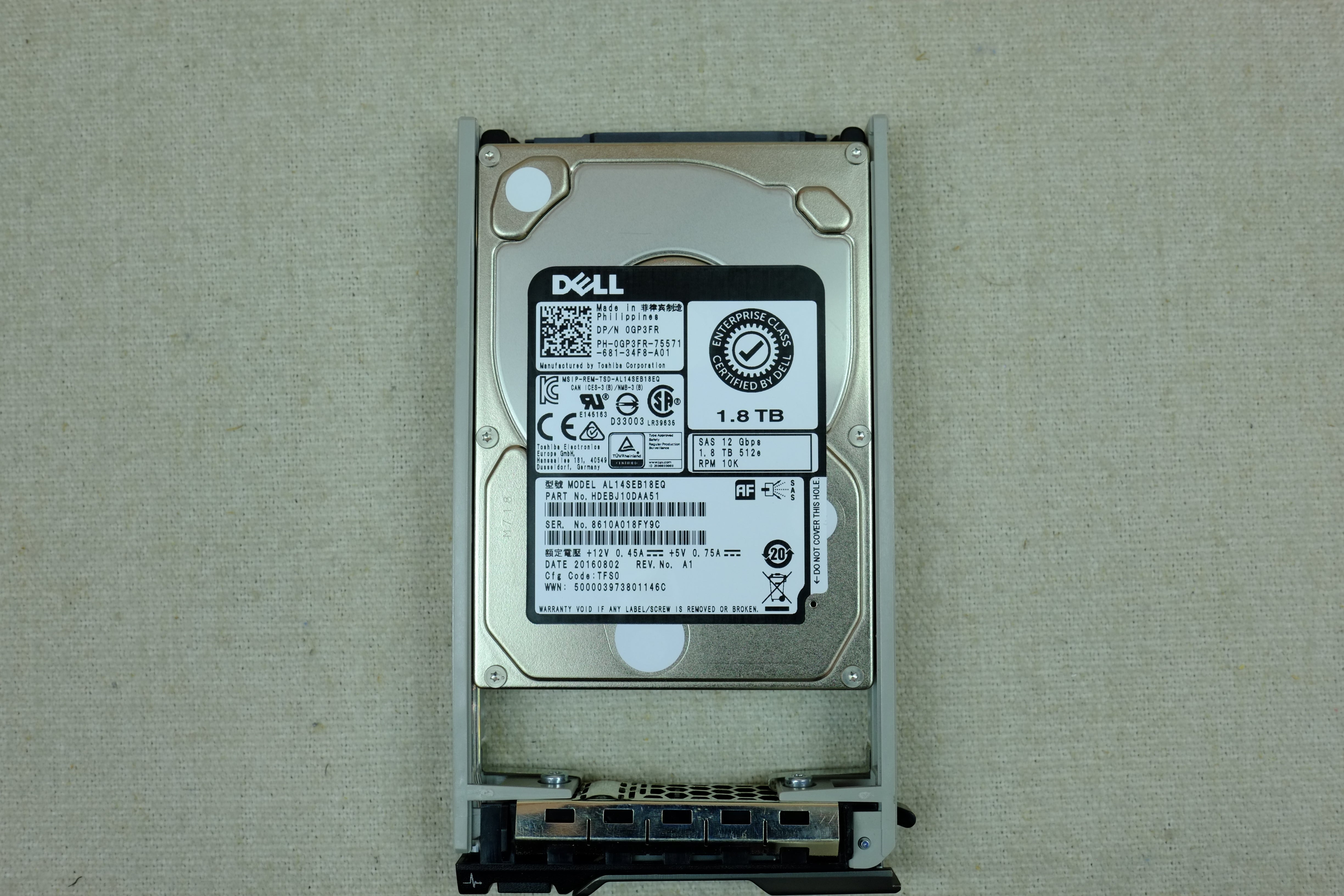 Dell GP3FR 1.8TB 10k 12Gb/s 2.5” SAS Hard Drive Toshiba AL14SEB18EQ