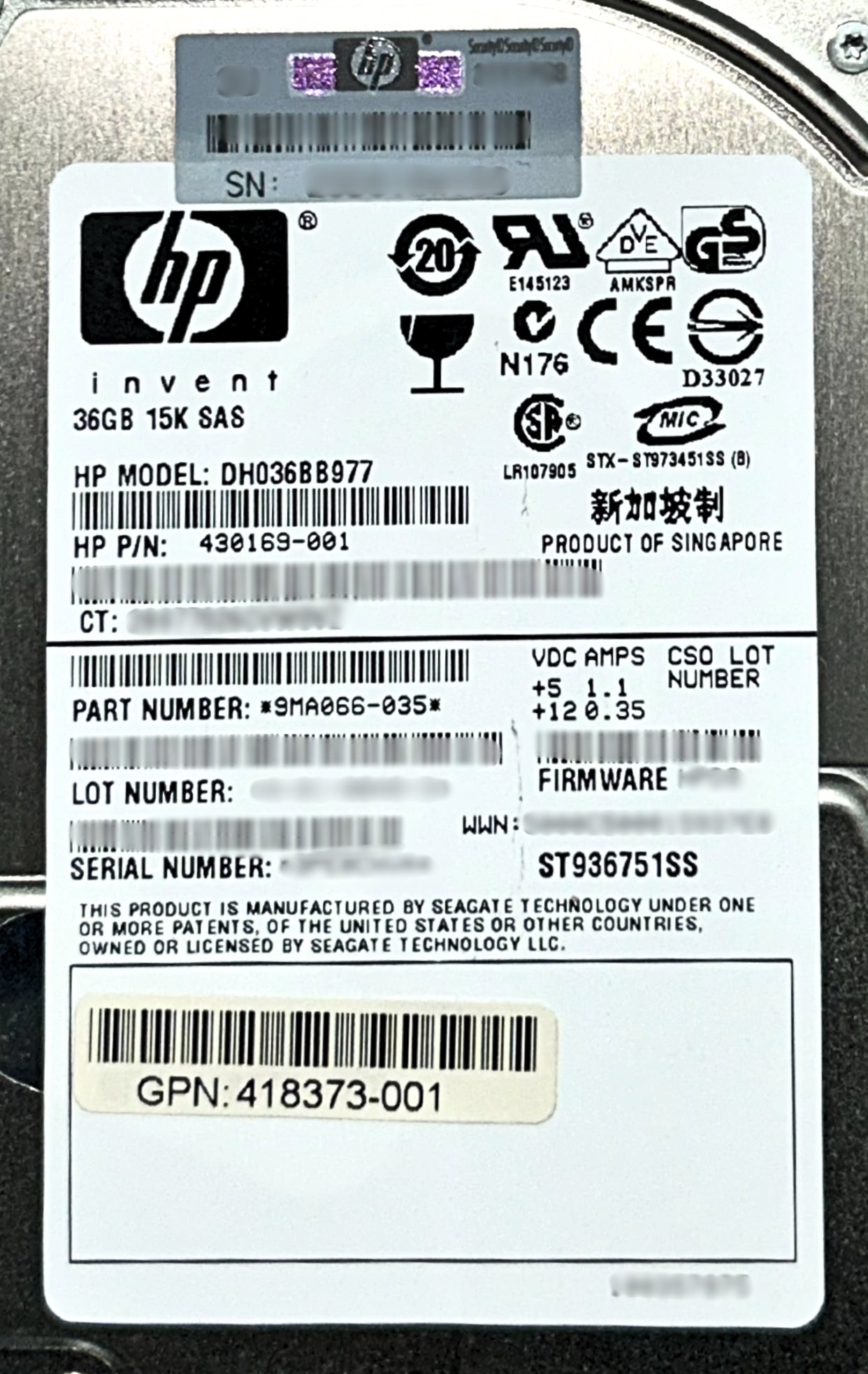 HP 418397-001 36GB 15K SAS 2.5 DP HDD