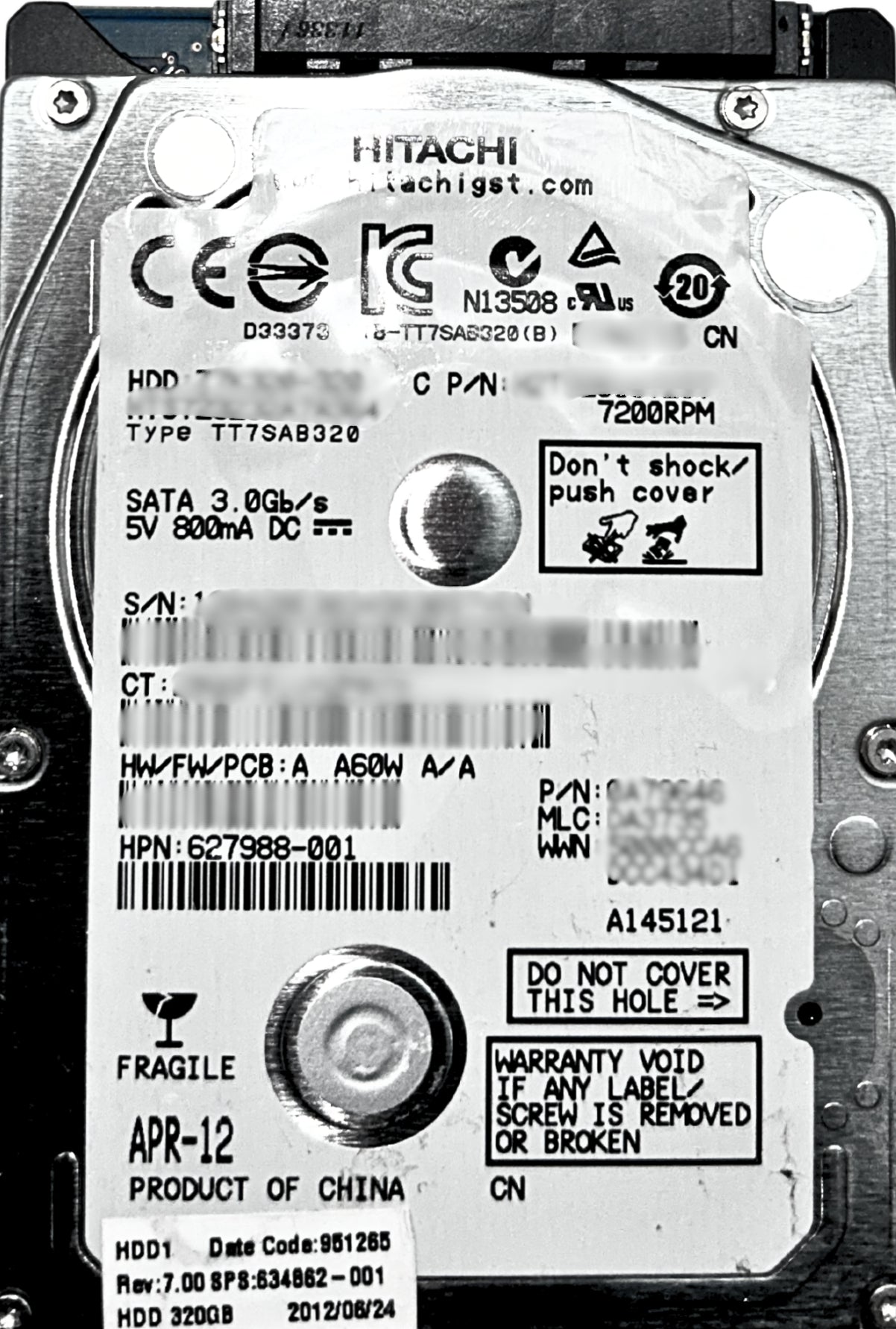 HP 627988-001 320GB 7.2K 3G 2.5INCH SATA HDD
