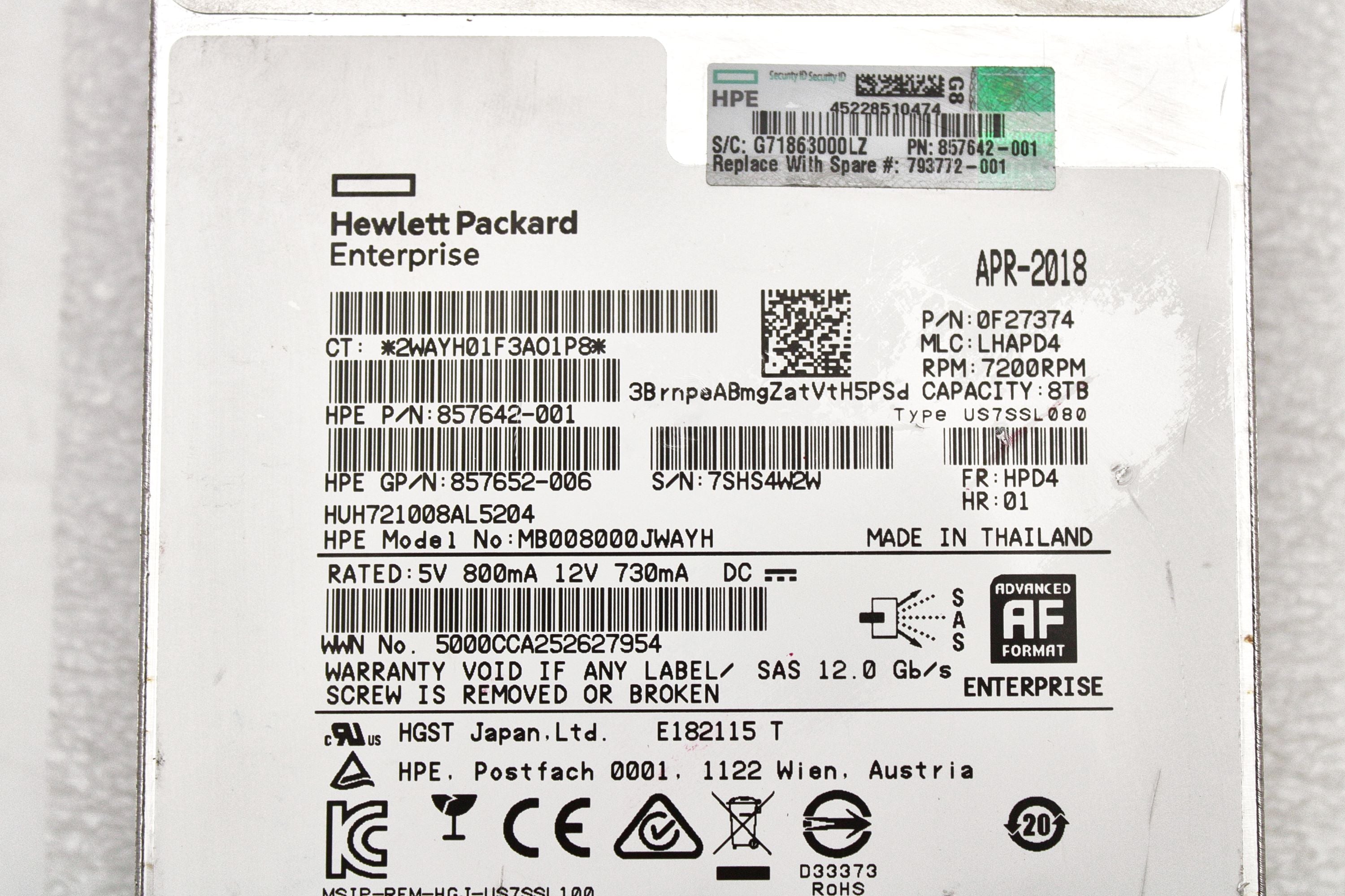 HP 793772-001 8.0TB 7.2K SAS 12GB/S 3.5IN HDD