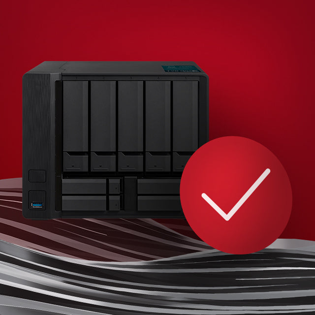 A multi-bay NAS system with a white check mark in a red circle graphic in the foreground.
