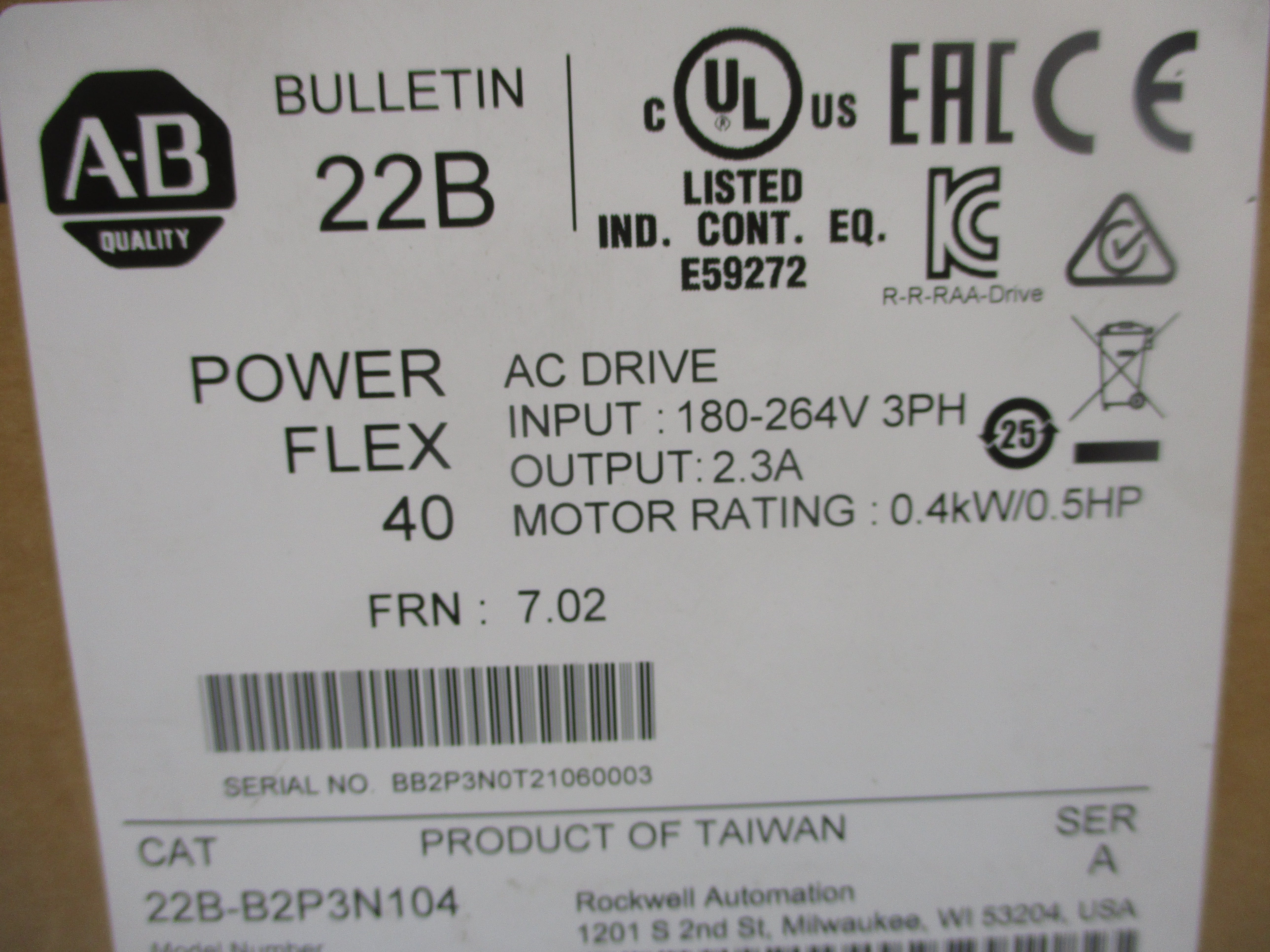 ALLEN BRADLEY 22B-B2P3N104 SER. A 180-264VAC 2.5A F/W 7.02 NSMP