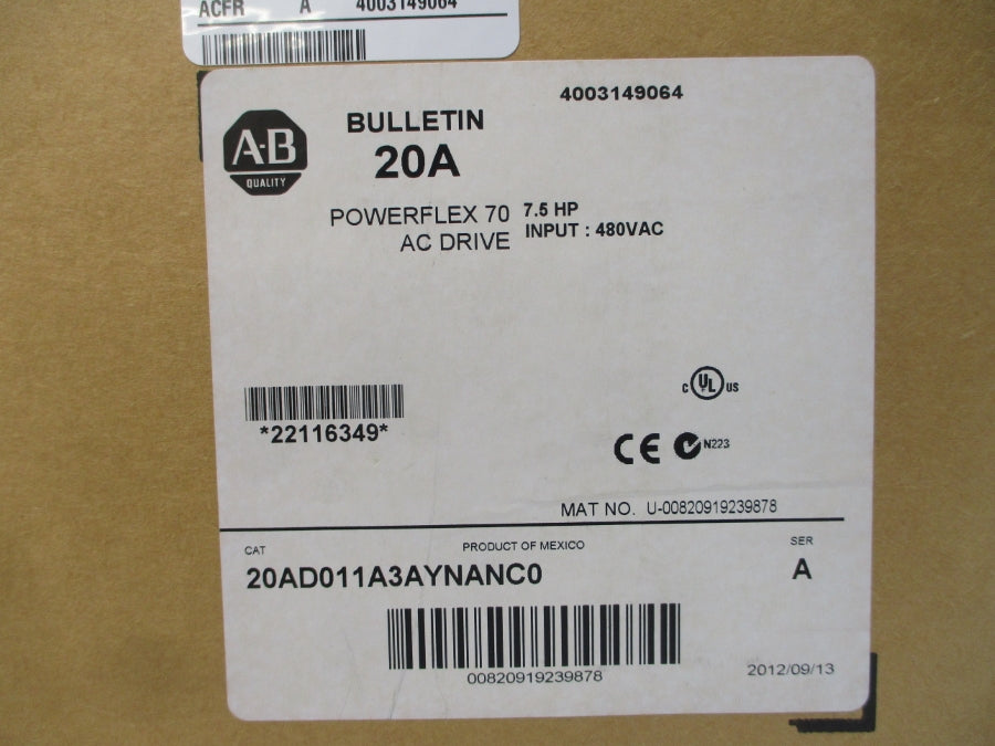 ALLEN BRADLEY 20AD011A3AYNANC0 SER. A 480VAC NSFS