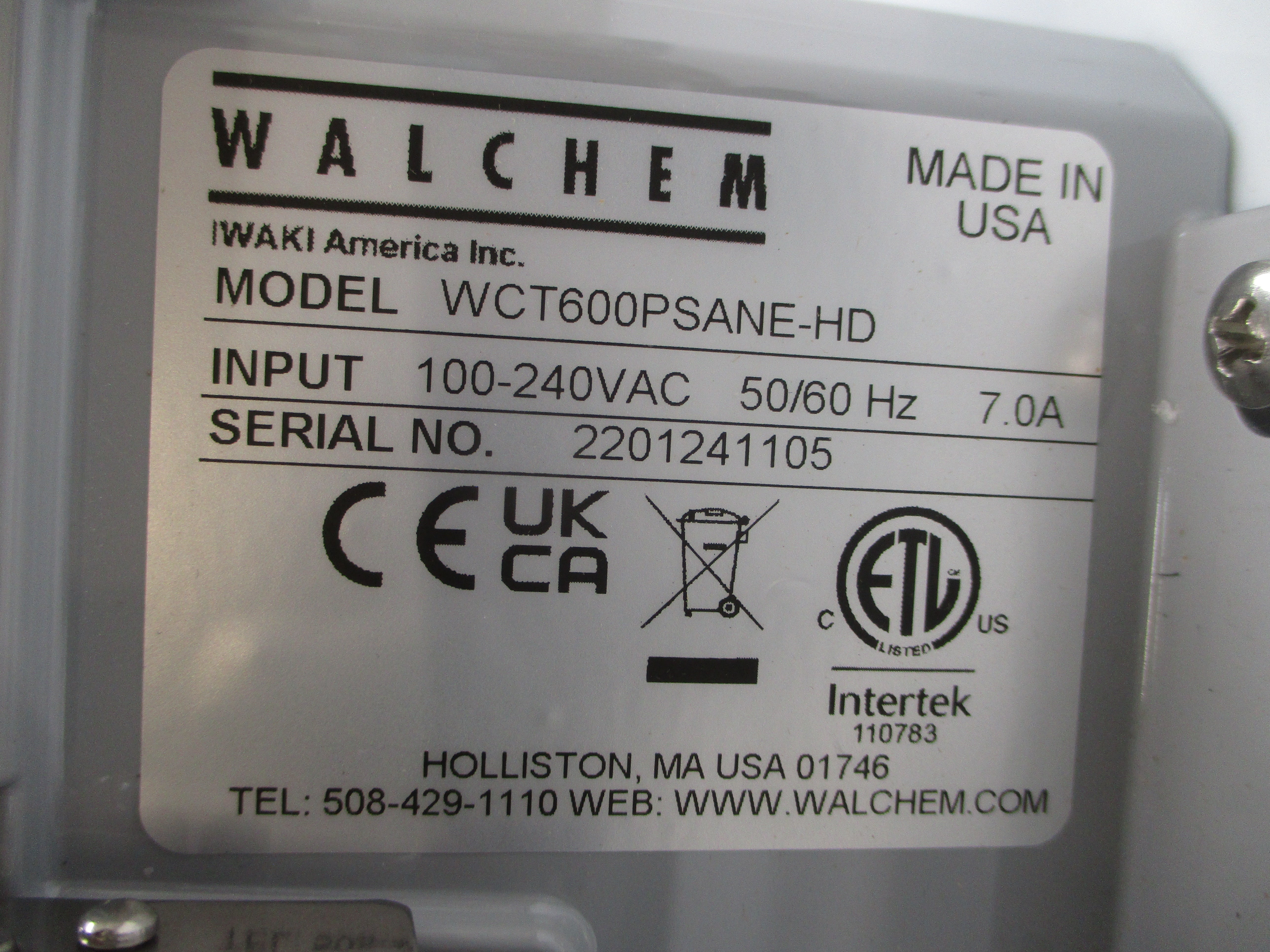 WALCHEM WCT600PSANE-HD 600 100-240VAC 7.0A NSMP