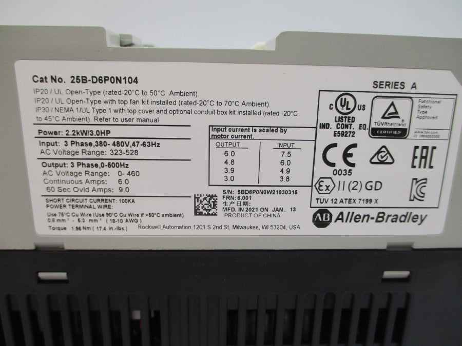 ALLEN BRADLEY 25B-D6P0N104 SER. A F/W 6.001 323-528VAC 6.0A NSMP