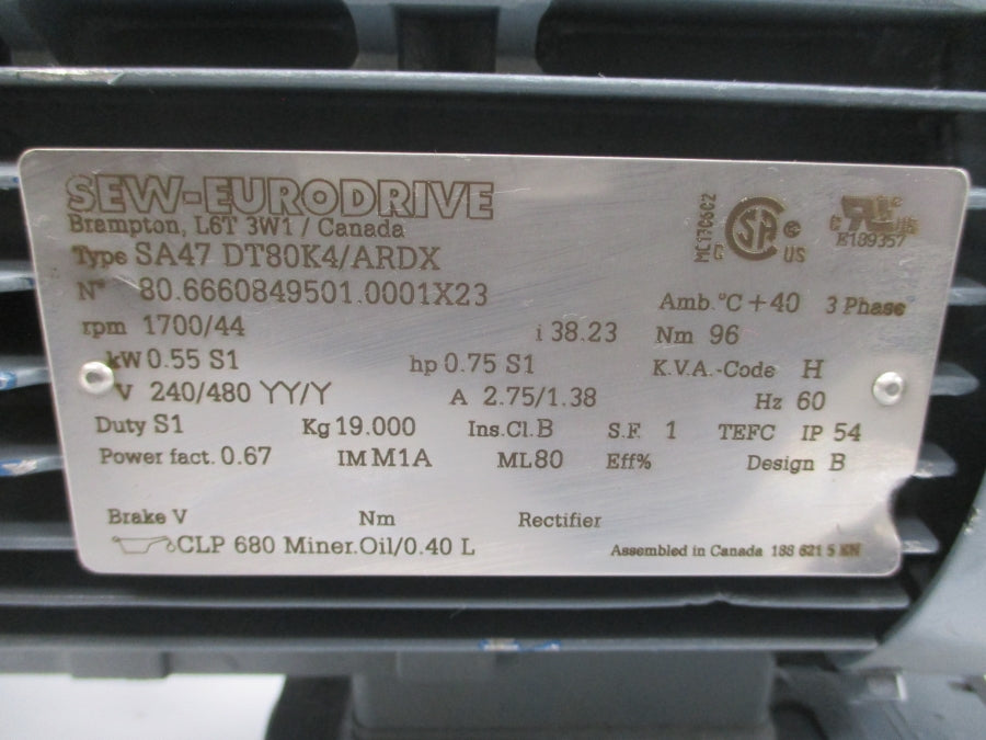 SEW-EURODRIVE SA47DT80K4/ARDX 240/480V 2.75/1.38A NSNP