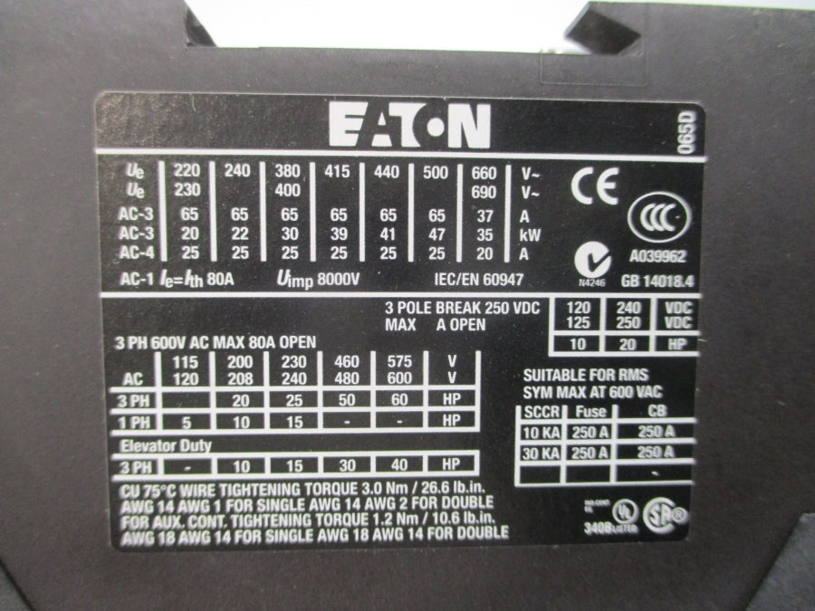 EATON XTAE065D00TD065 24-27VDC 50-65A NSMP