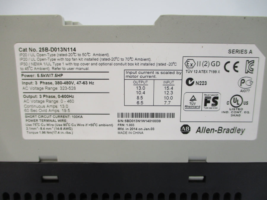 ALLEN BRADLEY 25B-D013N114 SER. A F/W 1.003 380-480VAC 15.4A NSNP