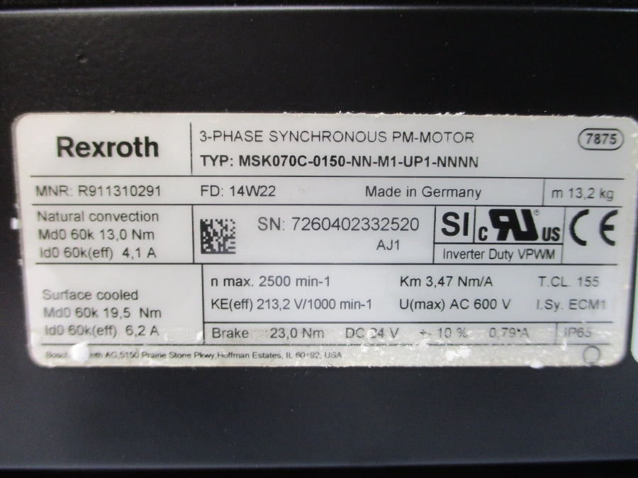 REXROTH R911310291 MSK070C-0150-NN-M1-UP1-NNNN 600VAC 4.1/6.2A NSNP