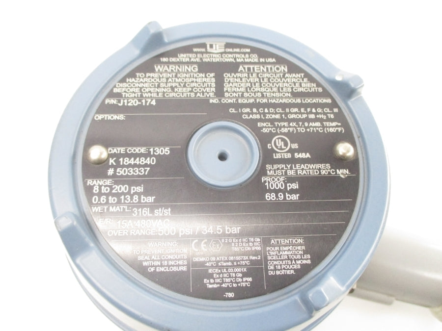 UNITED ELECTRIC J120-174 480VAC 15A 8-200PSI NSNP