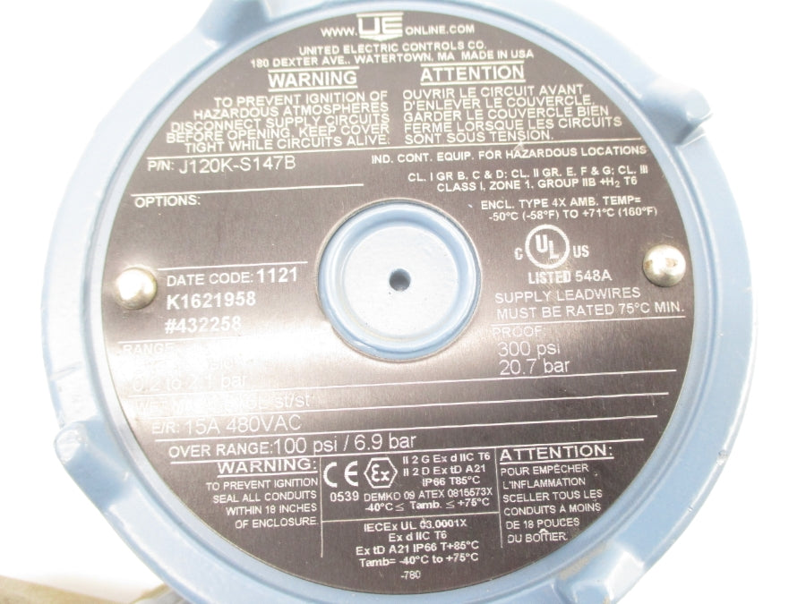 UNITED ELECTRIC J120K-S147B 480VAC 15A 3-30PSI NSNP