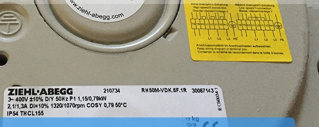 Brand new RH50M-VDK.6F.1R ZIEHL-ABEGG centrifugal fan 3-400V 1.15/0.78kW 1340/1070RPM
