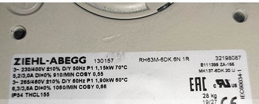 RH63M-6DK.6N.1R(Art No:130157) ZIEHL-ABEGG centrifugal fan LDZ10501650 3-230/400V 50/60HZ 1.15/1.9kW 6.3/3.0A 1060/910RPM