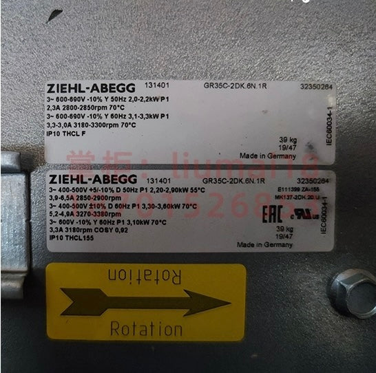 GR35C-2DK.6N.1R ZIEHL-ABEGG centrifugal 400-690V,50/60Hz 3.6KW 5.2A 3380rpm