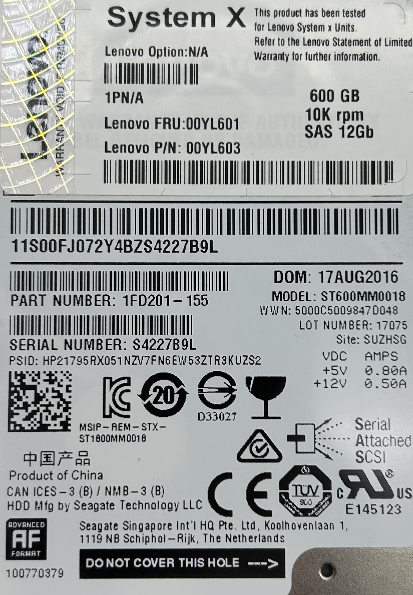 Lenovo 00YL601 600GB 10K 12G SAS 2.5" HDD