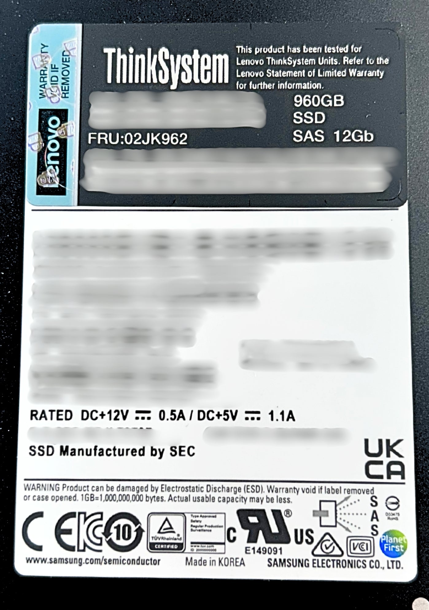 Lenovo 02JK962 PM1643A 960GB SAS 12G 2.5" SSD