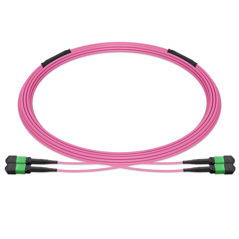 Pre-terminated MPO 2x2 Shuffle Breakout Cable, 16 Fibers, 2 x MPO-8 APC (Male) to 2 x MPO-8 APC (Male), Multimode (OM4), Type 2, LSZH/OFNP, 0.35dB Max, Breakout 80cm, Magenta