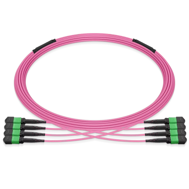 Pre-terminated MPO 4x4 Shuffle Breakout Cable, 32 Fibers, 4 x MPO-8 APC (Male) to 4 x MPO-8 APC (Male), Multimode (OM4), Type 4, LSZH/OFNP, 0.35dB Max, Breakout 80cm, Magenta