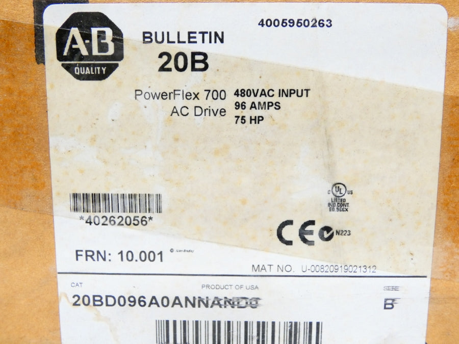 ALLEN BRADLEY 20BD096A0ANNAND0 SER. B F/W 10.001 480VAC 96A NSMP