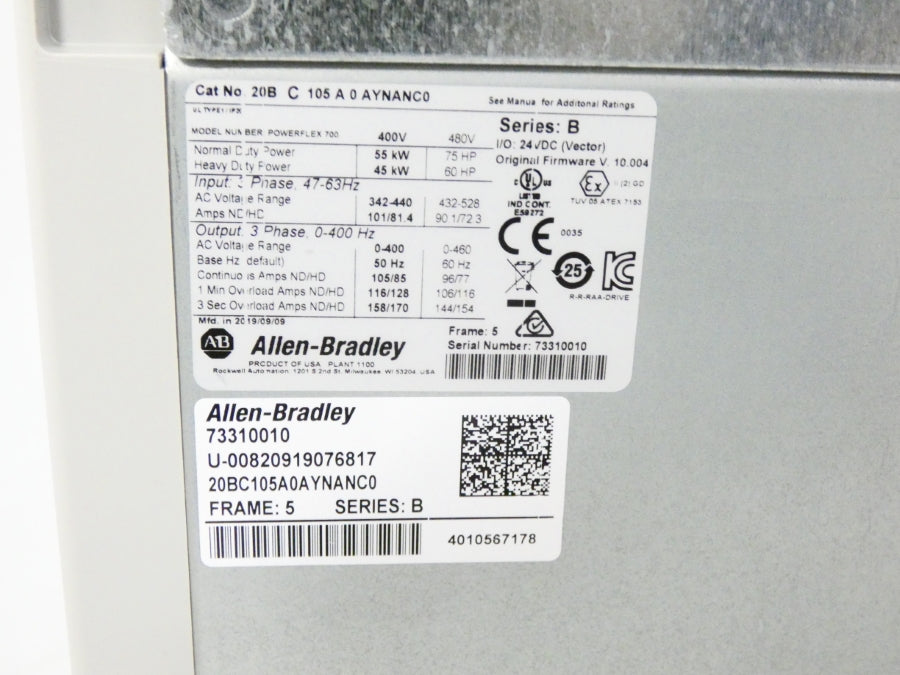 ALLEN BRADLEY 20BC105A0AYNANC0 SER. B F/W 10.004 480VAC 105A  NSNP
