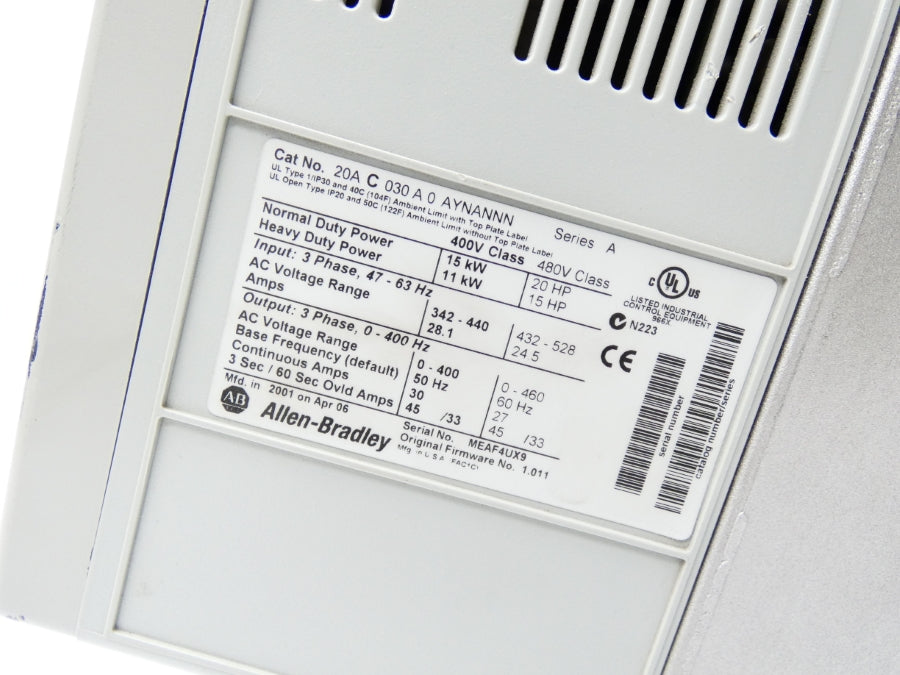 ALLEN BRADLEY 20AC030A0AYNANNN SER. A F/W 1.011 342-440V 28.1A UNMP