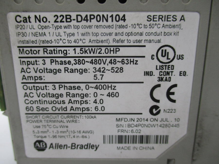 ALLEN BRADLEY 22B-D4P0N104 SER. A 380-480V 5.7A F/W 6.02 (AS IS) UNMP