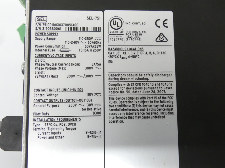 SEL SEL-751 751001D0X0X70851A00 110-250V 5A UNMP