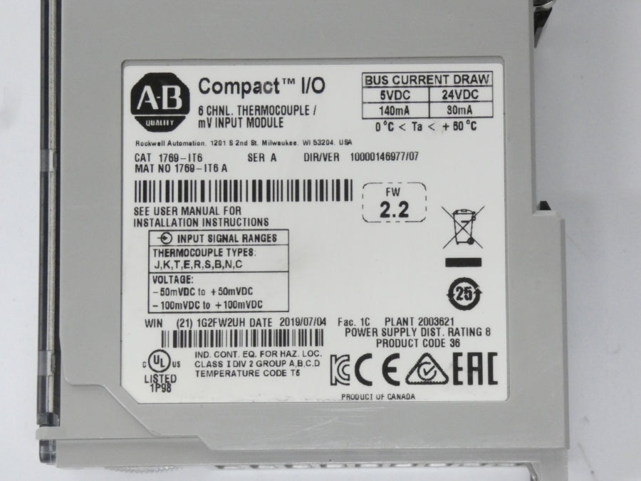 ALLEN BRADLEY 1769-IT6 SER. A F/W 2.2 VER. 07 24VDC NSNP